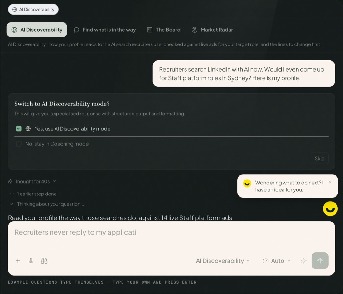 Careersy AI offering to switch a sample question about recruiter searches for Staff platform roles in Sydney into AI Discoverability mode