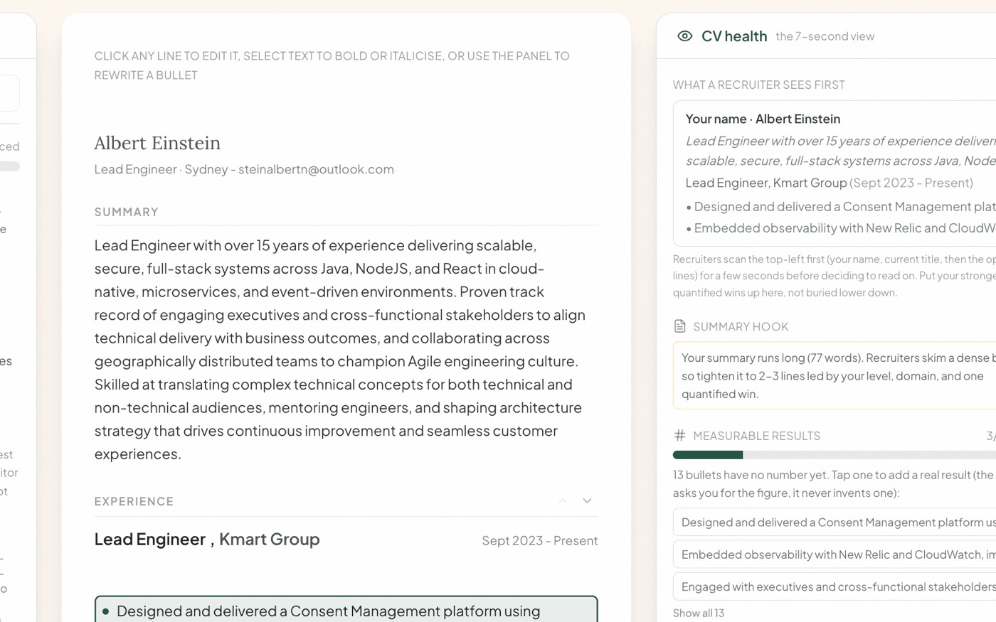 CV Canvas: the CV in the middle, the target job on the left, the recruiter's seven-second view on the right