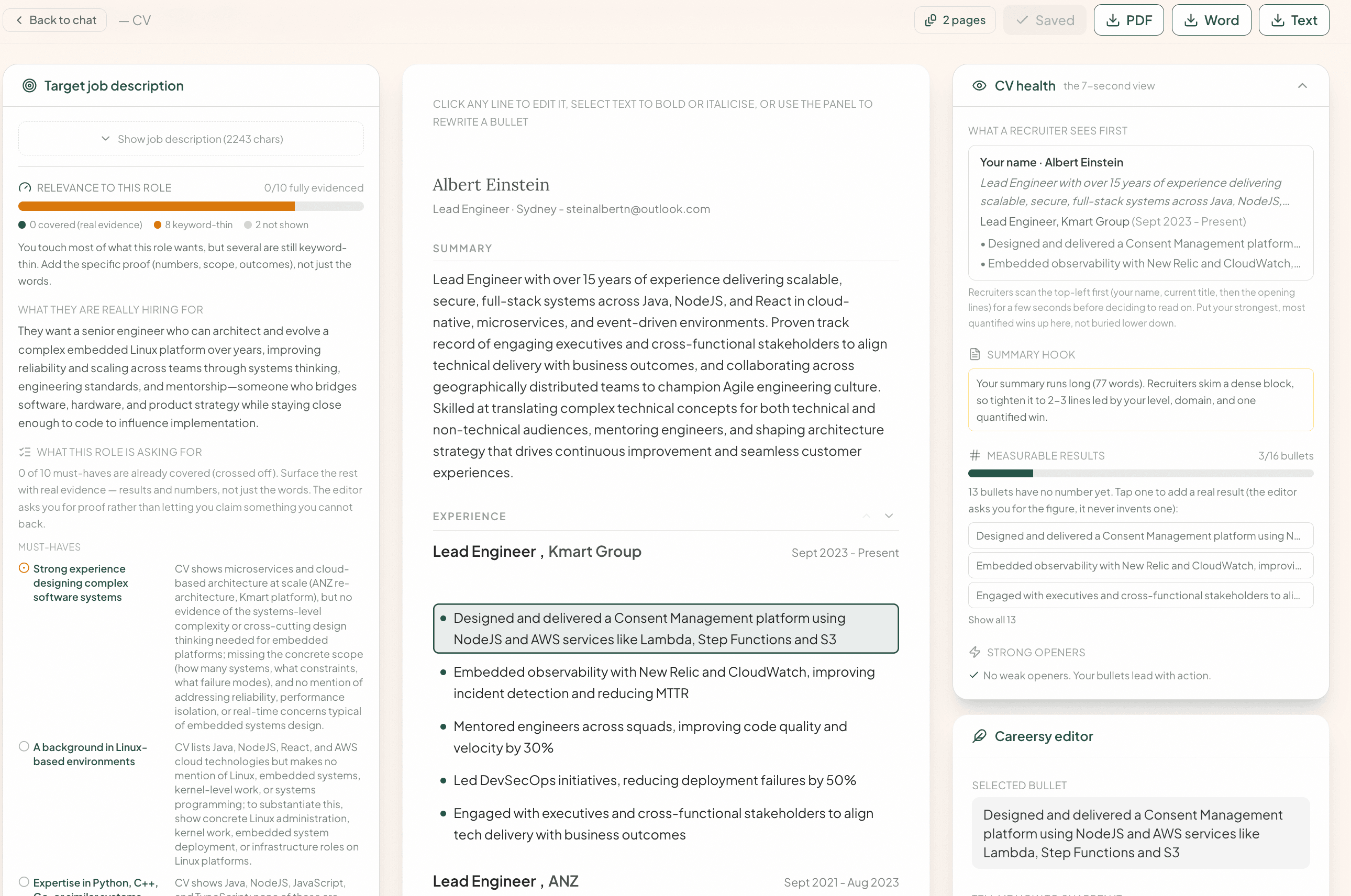 The full CV Canvas editor: the target job description on the left, the editable CV in the middle, and the CV health and Careersy editor panels on the right