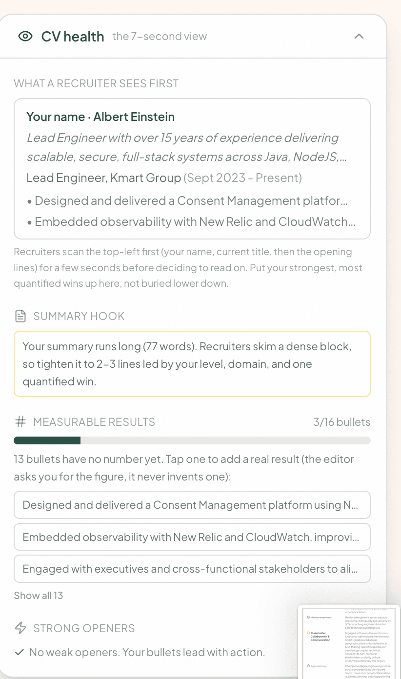CV Canvas reading a CV the way a recruiter skims it in seven seconds: what they see first, the summary hook, measurable results, and weak verbs