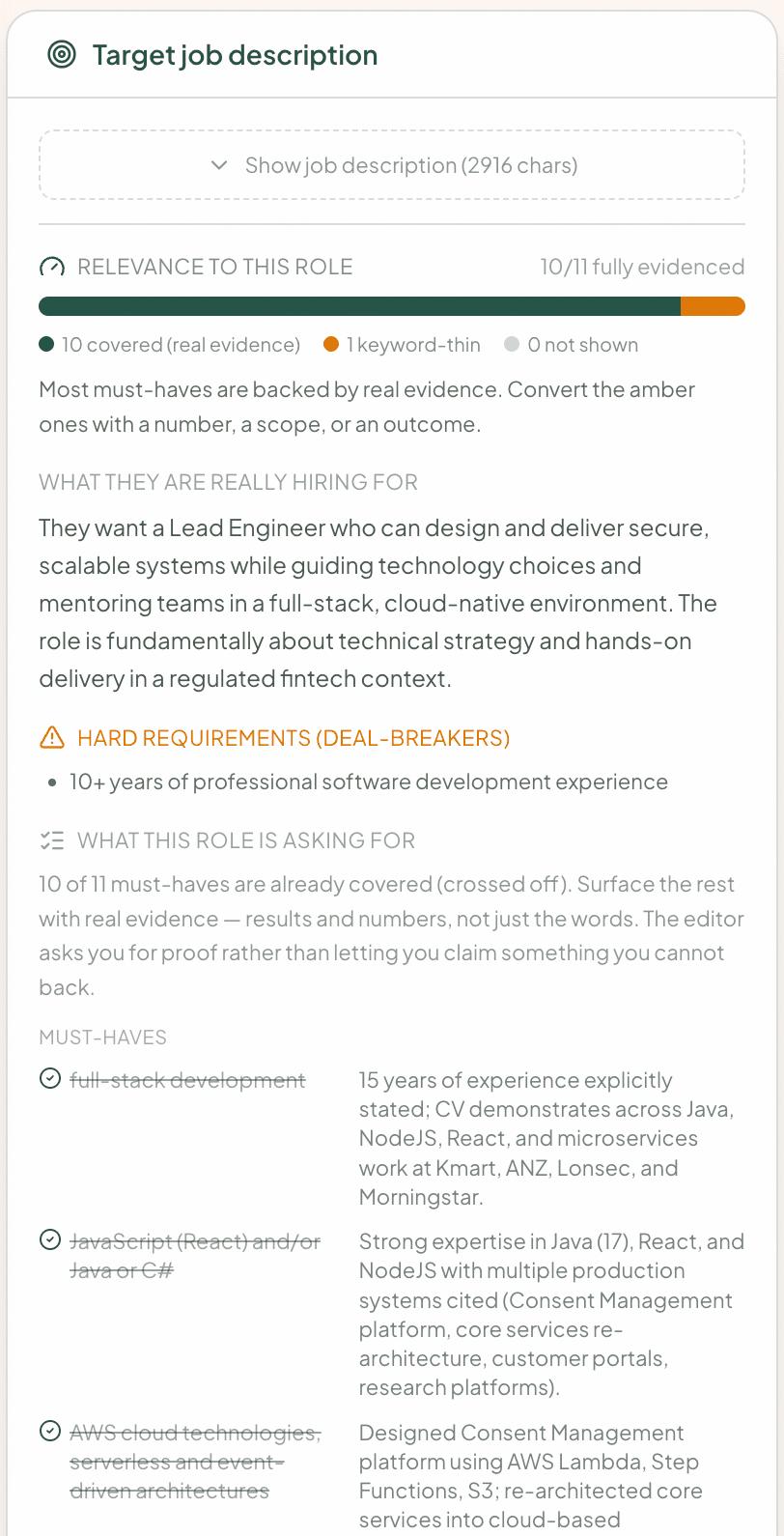 CV Canvas scoring a CV against the job, requirement by requirement, with each must-have marked covered or keyword-thin