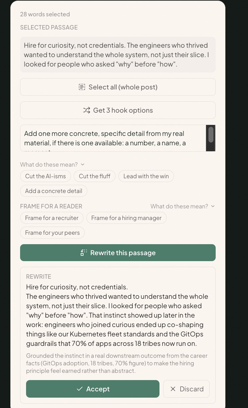 LinkedIn Post Canvas: a selected passage, the rewrite options, and the rewritten passage grounded in the writer's career facts