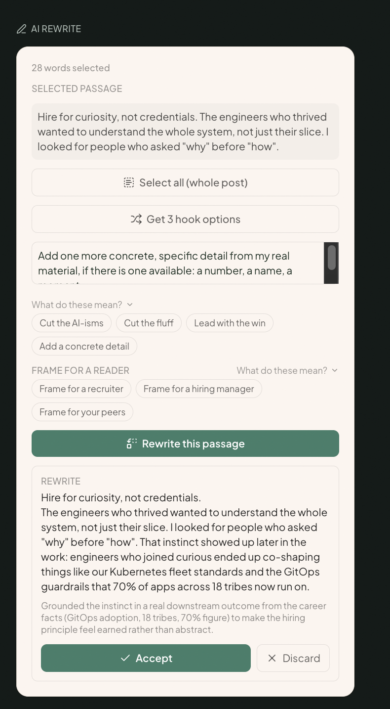 The AI rewrite panel: a selected passage rewritten with a real detail from the career history, ready to accept or discard