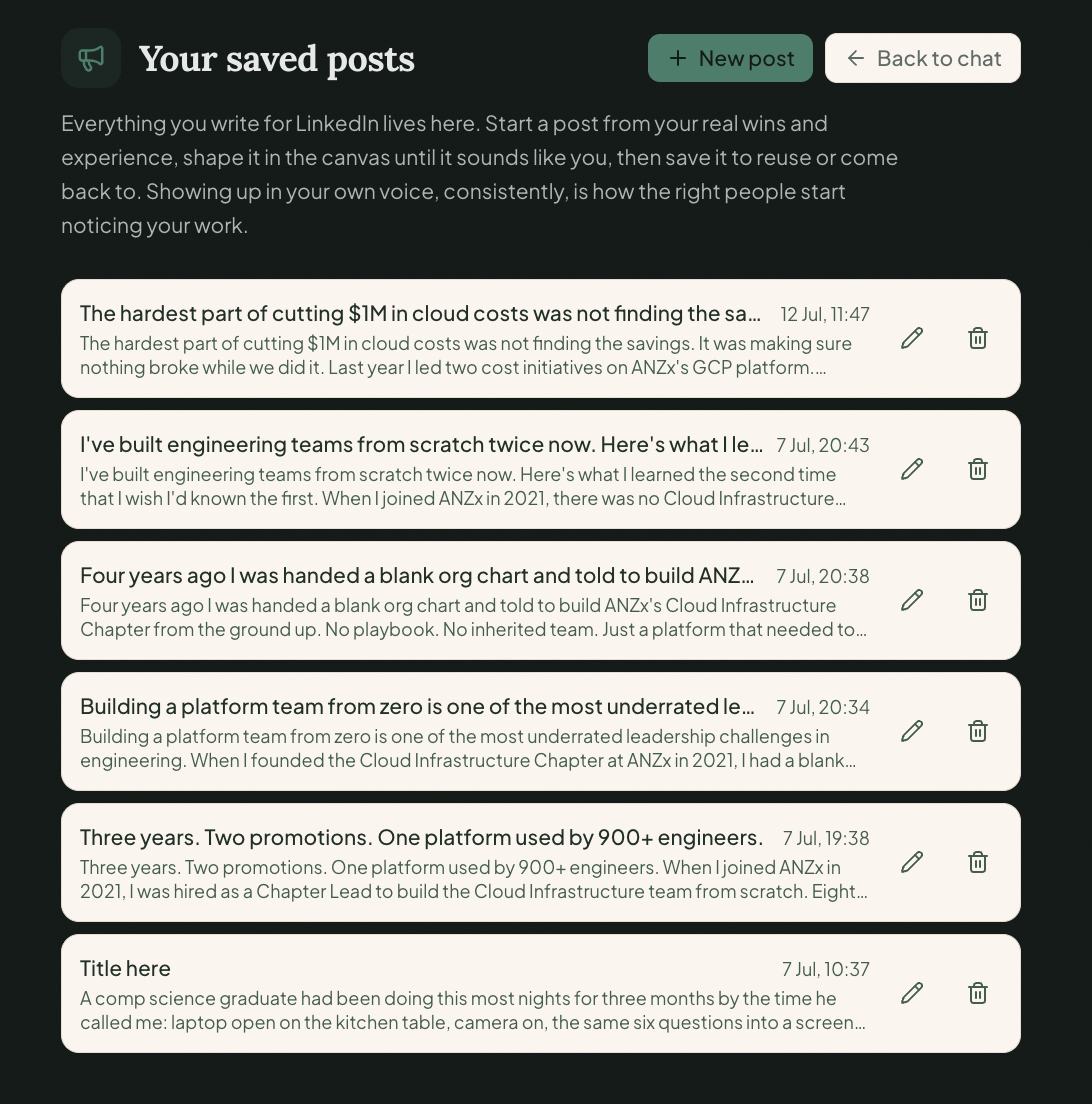 Your saved posts library: every draft written, with the date and quick edit or delete actions