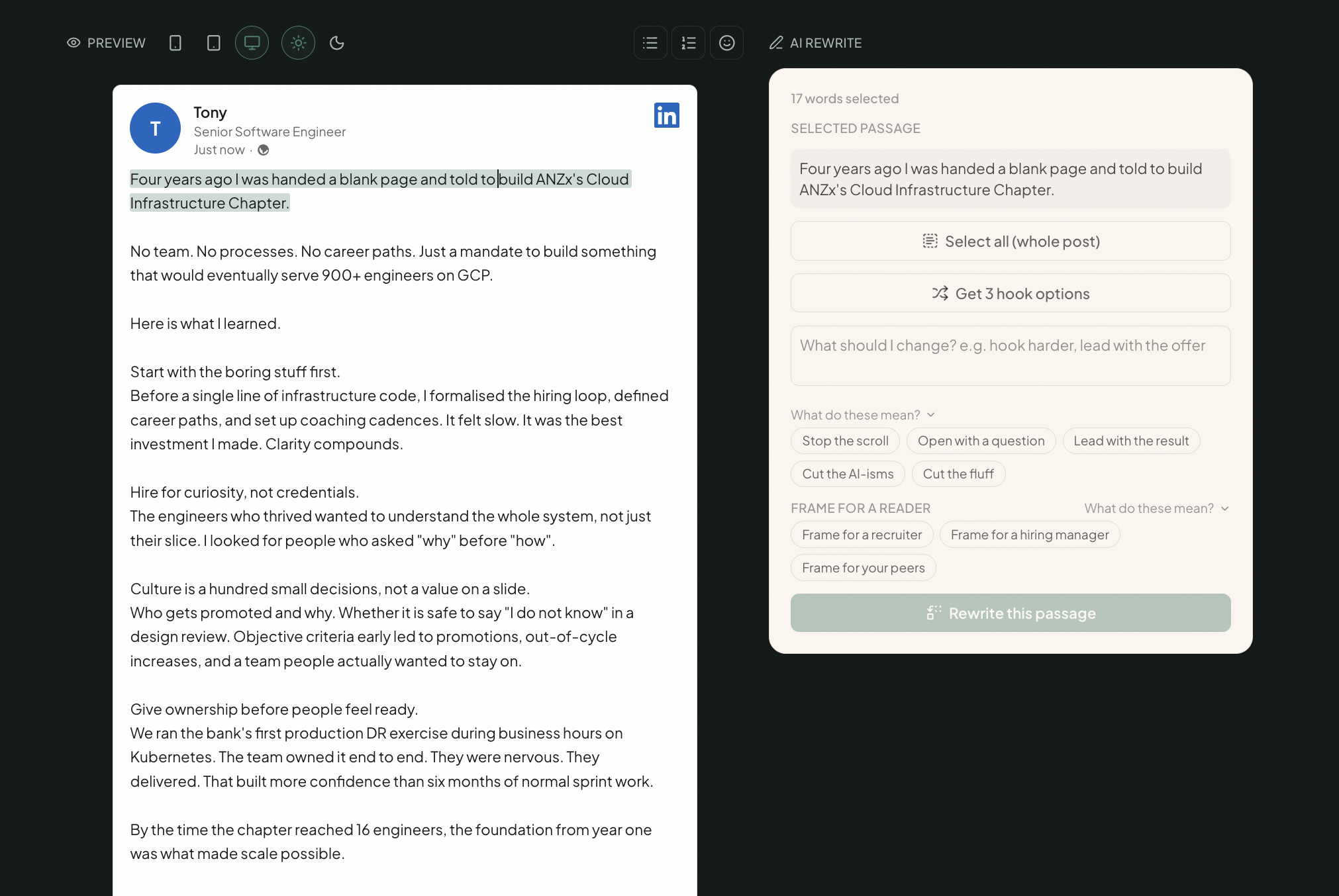 The Canvas editor with the AI rewrite panel open, working from a real career story rather than a blank prompt