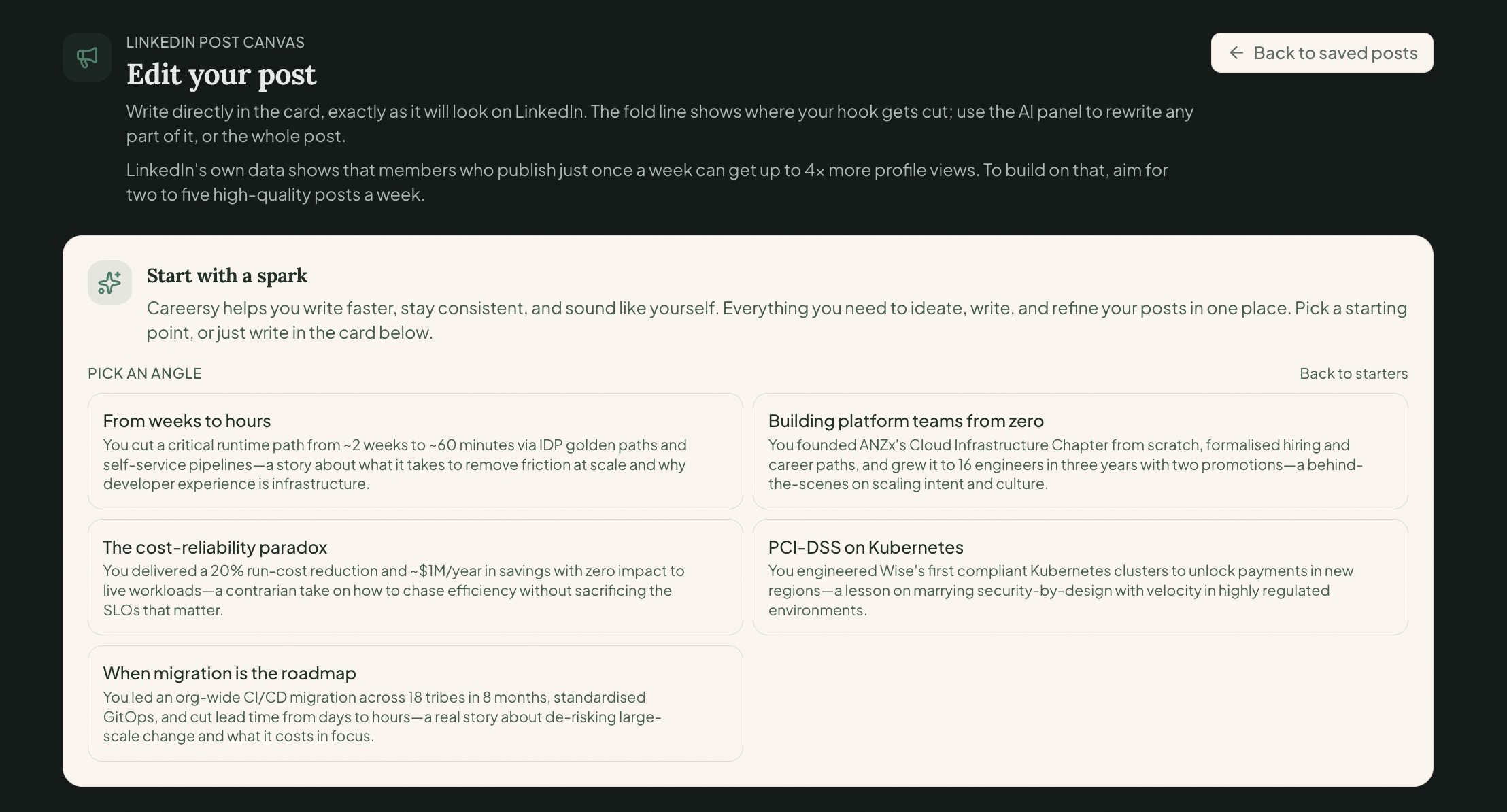 The Canvas offering a week of post angles pulled from a real career story, ready to pick and draft